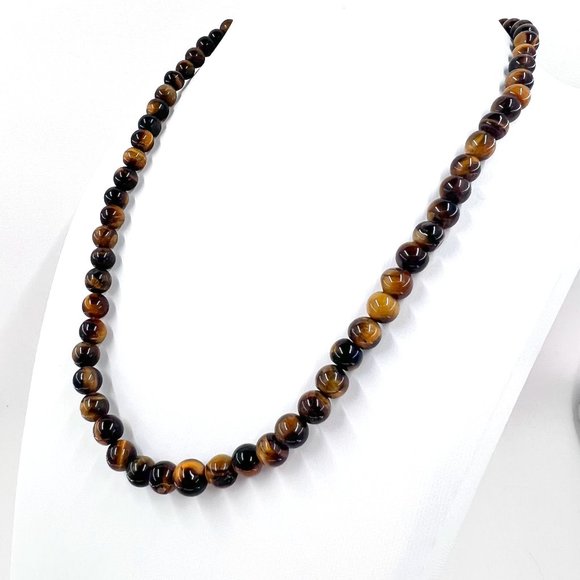 Single Strand Tigers Eye Beaded 15” Choker Necklace w/ Barrel Clasp - Picture 1 of 6